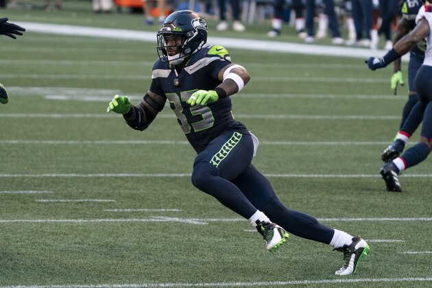 Seattle Seahawks defensive back Jamal Adams rushes the passer during the first half an NFL football game against the New England Patriots, Sunday, Sept. 20, 2020, in Seattle. The Seahawks won 35-30. (AP Photo/Stephen Brashear)