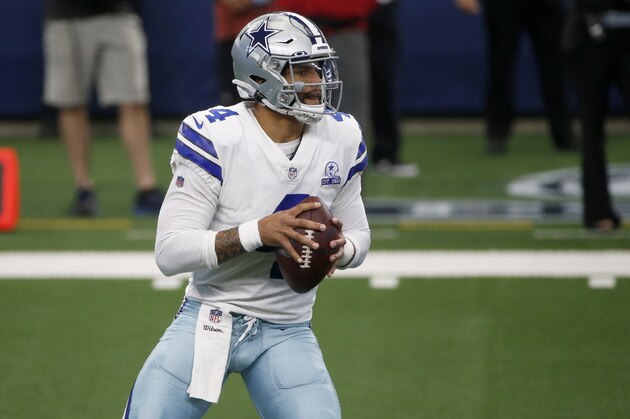 Dallas Cowboys quarterback Dak Prescott (4) drops back to pass in the first half of an NFL football game against the Atlanta Falcons in Arlington, Texas, Sunday, Sept. 20, 2020. (AP Photo/Michael Ainsworth)
