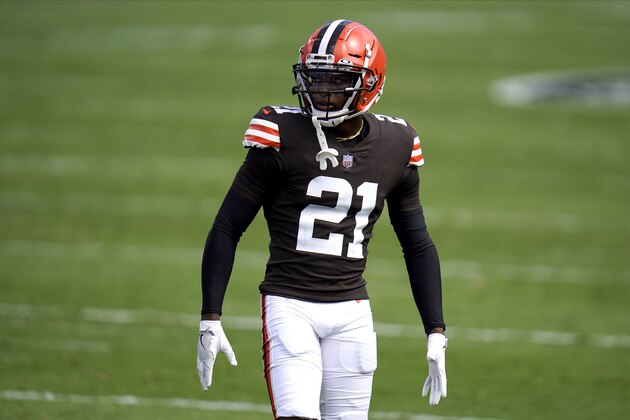 Cleveland Browns cornerback Denzel Ward looks on between plays against the Baltimore Ravens during the first half of an NFL football game, Sunday, Sept. 13, 2020, in Baltimore. (AP Photo/Julio Cortez)