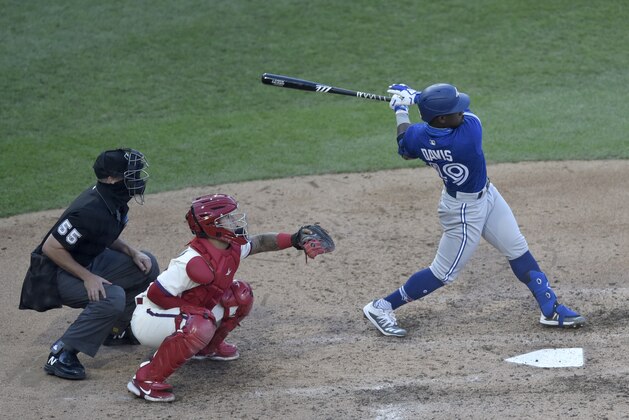 Toronto Blue Jays' Jonathan Davis is seen in action during a baseball game against the Philadelphia Phillies, Sunday, Sept. 20, 2020, in Philadelphia. The Blue Jays won 6-3. (AP Photo/Michael Perez)