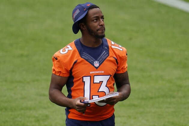 Denver Broncos wide receiver KJ Hamler (13) takes part in drills during an NFL football practice in empty Empower Field at Mile High Saturday, Aug. 29, 2020, in Denver. (AP Photo/David Zalubowski)