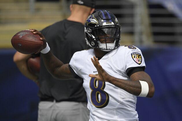 Baltimore Ravens quarterback Lamar Jackson (8) warms up before an NFL football game against the Cleveland Browns, Sunday, Sept. 13, 2020, in Baltimore. (AP Photo/Nick Wass)
