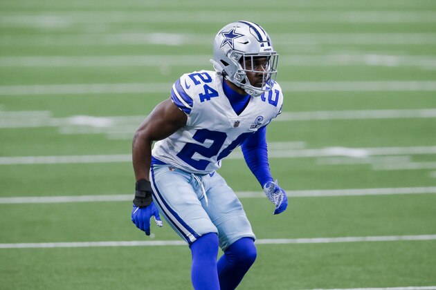 Dallas Cowboys cornerback Chidobe Awuzie (24) defends during an NFL football game against the Atlanta Falcons, Sunday, Sept. 20, 2020, in Arlington, Texas. Dallas won 40-39. (AP Photo/Brandon Wade) Dallas Cowboys cornerback Chidobe Awuzie (24) defends during an NFL football game against the Atlanta Falcons, Sunday, Sept. 20, 2020, in Arlington, Texas. Dallas won 40-39. (AP Photo/Brandon Wade)