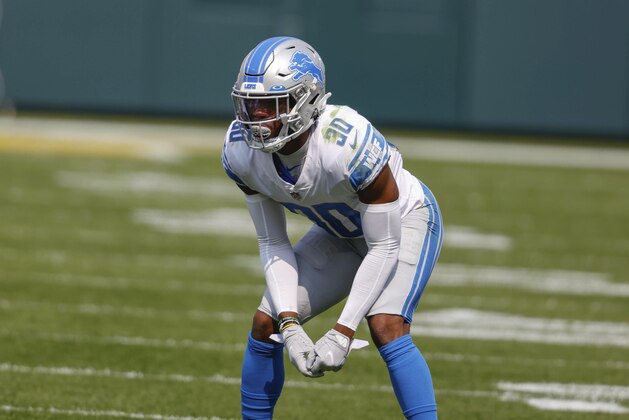 Detroit Lions' Jeff Okudah during an NFL football game between the Detroit Lions and Green Bay Packers, Sunday, Sept. 20, 2020, in Green Bay, Wis. (AP Photo/Jeffrey Phelps) Detroit Lions' Jeff Okudah during an NFL football game between the Detroit Lions and Green Bay Packers, Sunday, Sept. 20, 2020, in Green Bay, Wis. (AP Photo/Jeffrey Phelps)