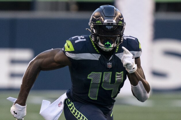 Seattle Seahawks wide receiver DK Metcalf runs a route during the first half an NFL football game against the New England Patriots, Sunday, Sept. 20, 2020, in Seattle. The Seahawks won 35-30. (AP Photo/Stephen Brashear)