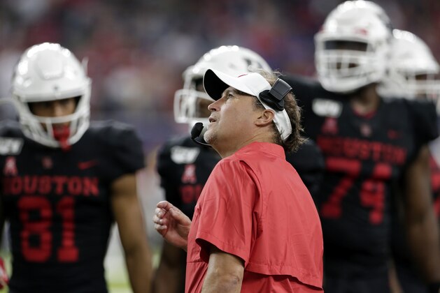 Houston Cougars head coach Dana Holgorsen during the second half of an NCAA college football game against Washington State Friday, Sept. 13, 2019, in Houston. (AP Photo/Michael Wyke)
