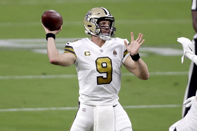 New Orleans Saints quarterback Drew Brees (9) throws a pass against the Las Vegas Raiders during the first half of an NFL football game, Monday, Sept. 21, 2020, in Las Vegas. (AP Photo/Isaac Brekken)