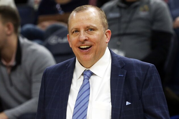 FILE - In this Jan. 4, 2019, file photo, Minnesota Timberwolves head coach Tom Thibodeau smiles in the waning moments as his team defeats the Orlando Magic in an NBA basketball game in Minneapolis. Thibodeau is back in New York as the Knicksâ€™ new coach. The former NBA Coach of the Year was hired Thursday, July 30,2020, returning to the team he helped lead to the NBA Finals as an assistant coach. (AP Photo/Jim Mone, File)