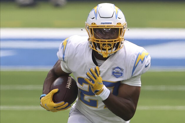 Los Angeles Chargers running back Joshua Kelley (27) rushes for a first down during an NFL football game between the between the Kansas City Chiefs and the Los Angeles Chargers, Sunday, Sept. 20, 2020, in Inglewood, Calif. (AP Photo/Peter Joneleit)