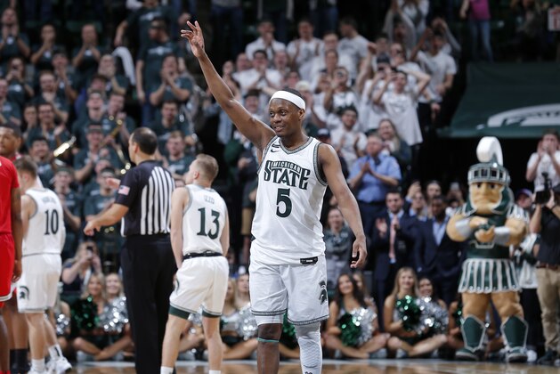 Michigan State's Cassius Winston waves to the crowd as he comes out of the game during the second half of an NCAA college basketball game against Ohio State, Sunday, March 8, 2020, in East Lansing, Mich. Michigan State won 80-69. (AP Photo/Al Goldis) Michigan State's Cassius Winston waves to the crowd as he comes out of the game during the second half of an NCAA college basketball game against Ohio State, Sunday, March 8, 2020, in East Lansing, Mich. Michigan State won 80-69. (AP Photo/Al Goldis)