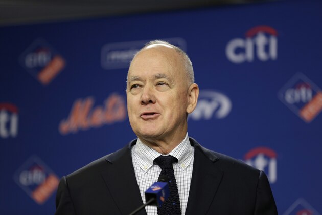 The New York Mets' general manager Sandy Alderson speaks at a news conference at Citi Field in New York, Wednesday, Jan. 17, 2018. Jay Bruce and the New York Mets have finalized a $39 million, three-year deal to bring his big bat back to Queens. (AP Photo/Seth Wenig)