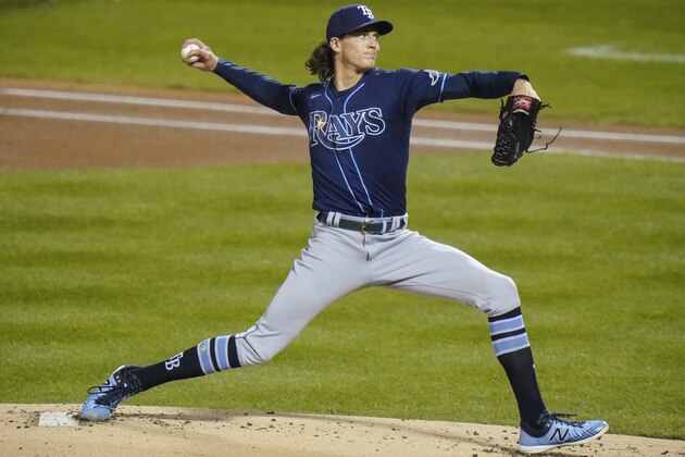 Tampa Bay Rays' Tyler Glasnow delivers a pitch during the first inning of a baseball game against the New York Mets Wednesday, Sept. 23, 2020, in New York. (AP Photo/Frank Franklin II)