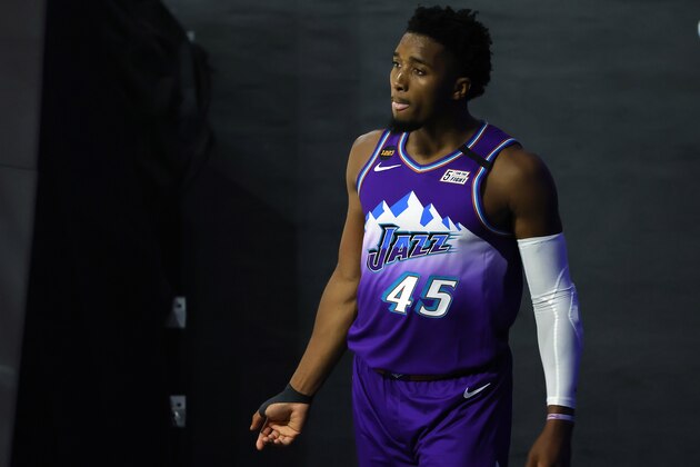 Utah Jazz's Donovan Mitchell reacts against the Memphis Grizzlies during the second half of an NBA basketball game Wednesday, Aug. 5, 2020, in Lake Buena Vista, Fla. (Kevin C. Cox/Pool Photo via AP)