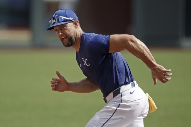 Kansas City Royals' Alex Gordon runs during baseball practice at Kauffman Stadium, Friday, July 3, 2020 in Kansas City, Mo. (AP Photo/Charlie Riedel)