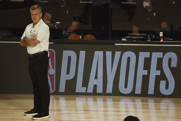 Aug 18, 2020; Lake Buena Vista, Florida, USA; Oklahoma City Thunder head coach Billy Donovan looks on during the first half against the Houston Rockets in game one of the first round of the 2020 NBA Playoffs at The Field House. Mandatory Credit: Kim Klement-USA TODAY Sports/Pool Photo via AP) of Game 1 of an NBA basketball first-round playoff series, Tuesday, Aug. 18, 2020, in Lake Buena Vista, Fla. (Kim Klement/Pool Photo via AP)