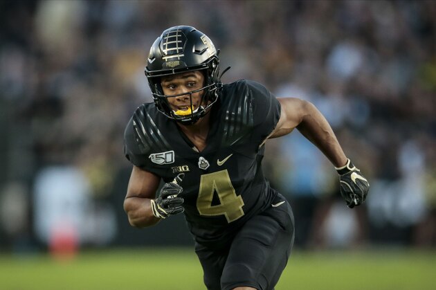 Purdue wide receiver Rondale Moore (4) in action as TCU played Purdue in an NCAA football game on Saturday, Sept. 14, 2019 in West Lafayette, Ind. (AP Photo/AJ Mast)