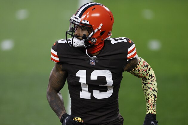 Cleveland Browns wide receiver Odell Beckham Jr. (13) warms up before an NFL football game against the Cincinnati Bengals, Thursday, Sept. 17, 2020, in Cleveland. (AP Photo/Ron Schwane)
