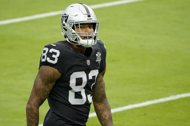 Las Vegas Raiders tight end Darren Waller (83) attends an NFL football training camp practice Friday, Aug. 28, 2020, in Las Vegas. (AP Photo/John Locher)