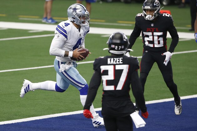 Dallas Cowboys quarterback Dak Prescott (4) runs for a touchdown against Atlanta Falcons cornerback Isaiah Oliver (26) and Atlanta Falcons safety Damontae Kazee (27) an NFL football game in Arlington, Texas, Sunday, Sept. 20, 2020. (AP Photo/Ron Jenkins)
