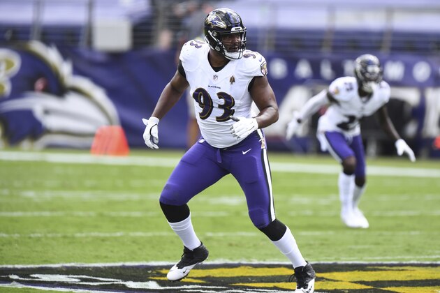 Baltimore Ravens defensive end Calais Campbell (93) in the first half during an NFL football game against the Cleveland Browns, Sunday, Sept. 13, 2020, in Baltimore. (AP Photo/Terrance Williams)