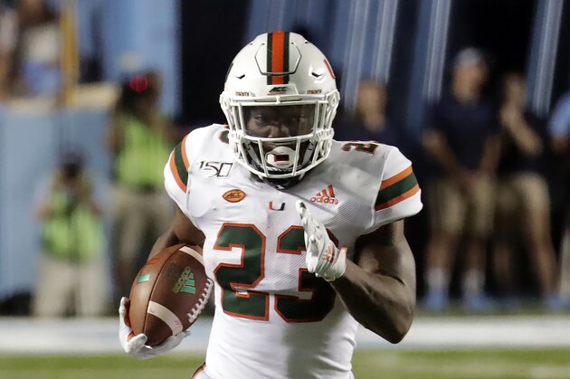 Miami's Cam'Ron Harris (23) runs against North Carolina during an NCAA college football game in Chapel Hill, N.C., Saturday, Sept. 7, 2019. (AP Photo/Chris Seward)