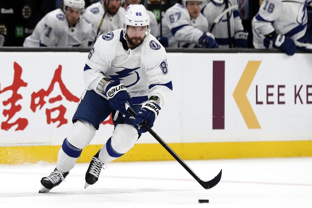 Tampa Bay Lightning's Nikita Kucherov during the first period of an NHL hockey game against the Boston Bruins Saturday, March 7, 2020, in Boston. (AP Photo/Winslow Townson) Tampa Bay Lightning's Nikita Kucherov during the first period of an NHL hockey game against the Boston Bruins Saturday, March 7, 2020, in Boston. (AP Photo/Winslow Townson)
