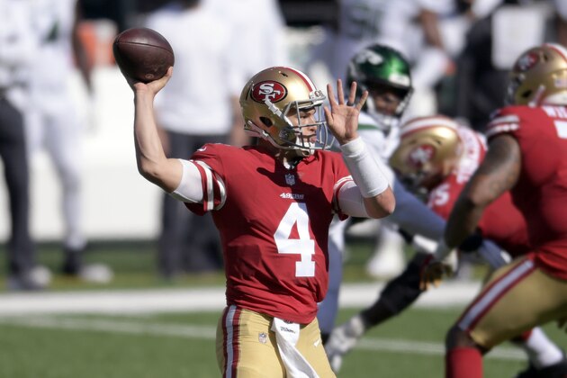 San Francisco 49ers quarterback Nick Mullens (4) throws a pass during the second half of an NFL football game against the New York Jets,  Sunday, Sept. 20, 2020, in East Rutherford, N.J. With Jimmy Garoppolo likely sidelined by a sprained ankle, Mullens appears set to get his first start at quarterback for the Niners in nearly 21 months, against the New York Giants. (AP Photo/Bill Kostroun)