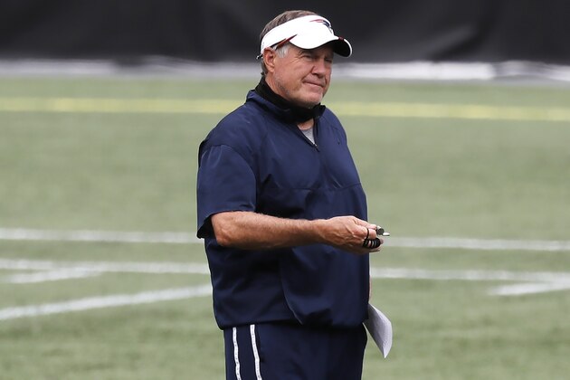 New England Patriots head coach Bill Belichick stands on the field before an NFL football training camp scrimmage, Friday, Aug. 28, 2020, in Foxborough, Mass. (AP Photo/Michael Dwyer, Pool)