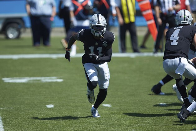 Las Vegas Raiders wide receiver Henry Ruggs III (11) goes in motion during an NFL football game against the Carolina Panthers, Sunday, Sept. 13, 2020, in Charlotte, N.C. (AP Photo/Brian Westerholt)