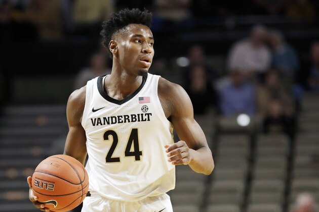 Vanderbilt forward Aaron Nesmith plays against Southeastern Louisiana in the first half of an NCAA college basketball game Monday, Nov. 25, 2019, in Nashville, Tenn. (AP Photo/Mark Humphrey)