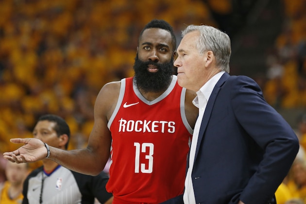 Houston Rockets' James Harden (13) and head coach Mike D'Antoni speak during the second half in Game 4 of an NBA basketball second-round playoff series against the Utah Jazz Sunday, May 6, 2018, in Salt Lake City. The Rockets won 100-87. (AP Photo/Rick Bowmer)