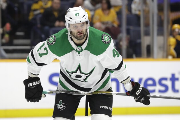 Dallas Stars right wing Alexander Radulov, of Russia, plays against the Nashville Predators in the first period of an NHL hockey game Thursday, March 5, 2020, in Nashville, Tenn. (AP Photo/Mark Humphrey)