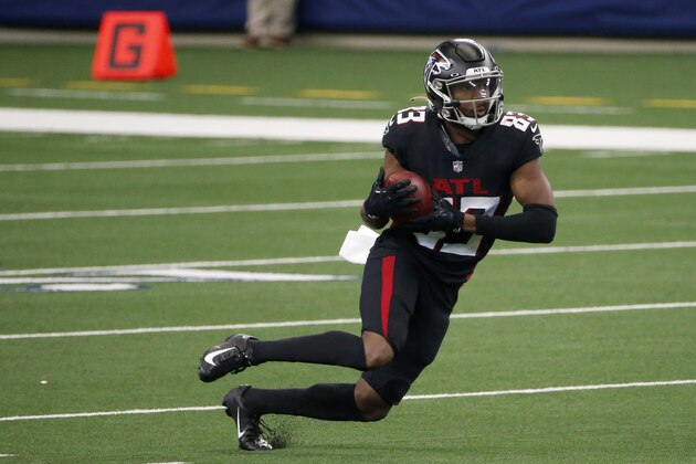 Atlanta Falcons wide receiver Russell Gage (83) runs against the Dallas Cowboys during the second quarter of an NFL Football game in Arlington, Texas, Sunday, Sept. 20, 2020. (AP Photo/Michael Ainsworth)