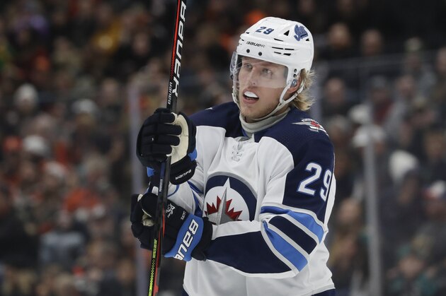 Winnipeg Jets right wing Patrik Laine plays against the Anaheim Ducks during the third period of an NHL hockey game in Anaheim, Calif., Friday, Nov. 29, 2019. (AP Photo/Chris Carlson) Winnipeg Jets right wing Patrik Laine plays against the Anaheim Ducks during the third period of an NHL hockey game in Anaheim, Calif., Friday, Nov. 29, 2019. (AP Photo/Chris Carlson)