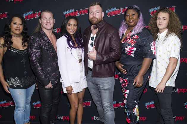 Nyla Rose, from left, Chris Jericho, Brandi Rhodes, Jon Moxley, Awesome Kong and Jungle Boy attend New York Comic Con to promote TNT's