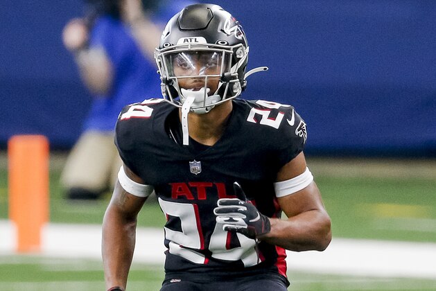 Atlanta Falcons cornerback A.J. Terrell (24) defends during an NFL football game against the Dallas Cowboys, Sunday, Sept. 20, 2020, in Arlington, Texas. Dallas won 40-39. (AP Photo/Brandon Wade)