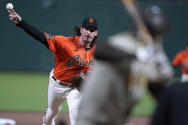 San Francisco Giants pitcher Jeff Samardzija works against the San Diego Padres during the first inning of the second game of a baseball doubleheader Friday, Sept. 25, 2020, in San Francisco. (AP Photo/Tony Avelar)