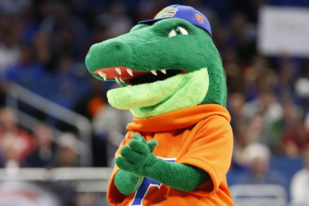 Florida mascot Albert E. Gator is shown during the second half of the first round of the NCAA college basketball tournament between Florida and East Tennessee State, Thursday, March 16, 2017 in Orlando, Fla. Florida defeated ETSU 80-65. (AP Photo/Wilfredo Lee)