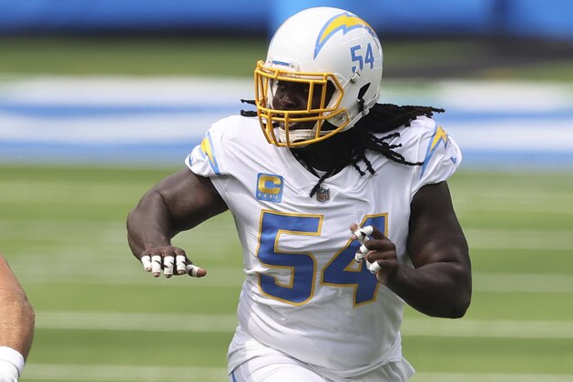 Los Angeles Chargers defensive end Melvin Ingram (54) defends during an NFL football game between the between the Kansas City Chiefs and the Los Angeles Chargers, Sunday, Sept. 20, 2020, in Inglewood, Calif. (AP Photo/Peter Joneleit)