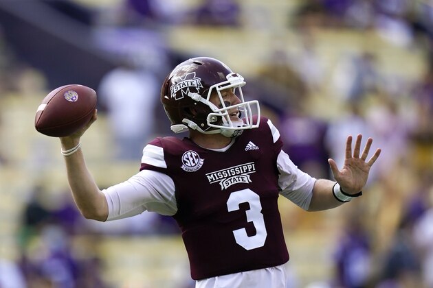 Mississippi State quarterback K.J. Costello (3) passes in the first half an NCAA college football game against LSU in Baton Rouge, La., Saturday, Sept. 26, 2020. (AP Photo/Gerald Herbert)