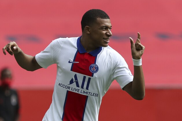 PSG's Kylian Mbappe gestures during the French League One soccer match between Nice and Paris Saint-Germain at the Allianz Riviera stadium in Nice, France, Sunday, September 20, 2020. (AP Photo/Daniel Cole) PSG's Kylian Mbappe gestures during the French League One soccer match between Nice and Paris Saint-Germain at the Allianz Riviera stadium in Nice, France, Sunday, September 20, 2020. (AP Photo/Daniel Cole)
