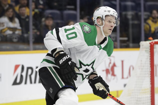 Dallas Stars right wing Corey Perry plays against the Nashville Predators in the first period of an NHL hockey game Thursday, March 5, 2020, in Nashville, Tenn. (AP Photo/Mark Humphrey)