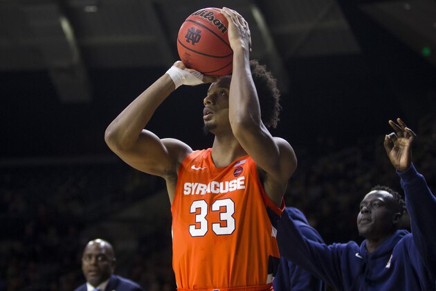 Syracuse's Elijah HughesÂ (33) shoots a 3-pointer during the second half of an NCAA college basketball game against Notre Dame on Wednesday, Jan. 22, 2020, in South Bend, Ind. Syracuse won 84-82. (AP Photo/Robert Franklin)