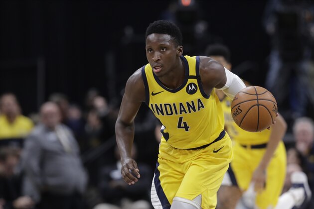 Indiana Pacers' Victor Oladipo (4) dribbles during the second half of an NBA basketball game against the Toronto Raptors, Friday, Feb. 7, 2020, in Indianapolis. Toronto won 115-106. (AP Photo/Darron Cummings)