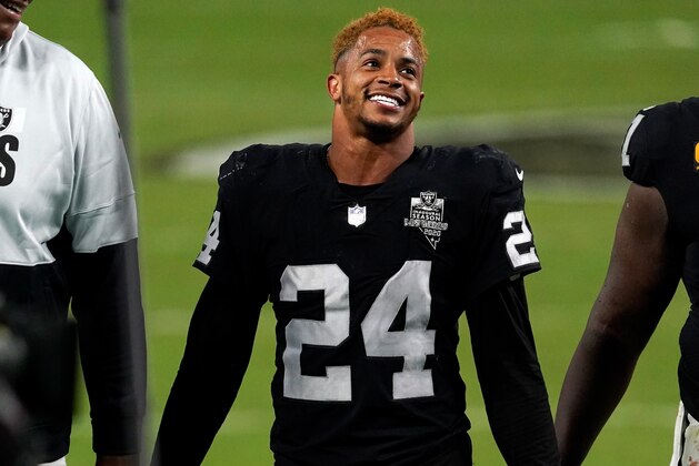 Las Vegas Raiders safety Johnathan Abram #24 walks off the field after the 34-24 Raiders win against the New Orleans Saints after an NFL football game, Monday, Sept. 21, 2020, in Las Vegas. (AP Photo/Jeff Bottari)