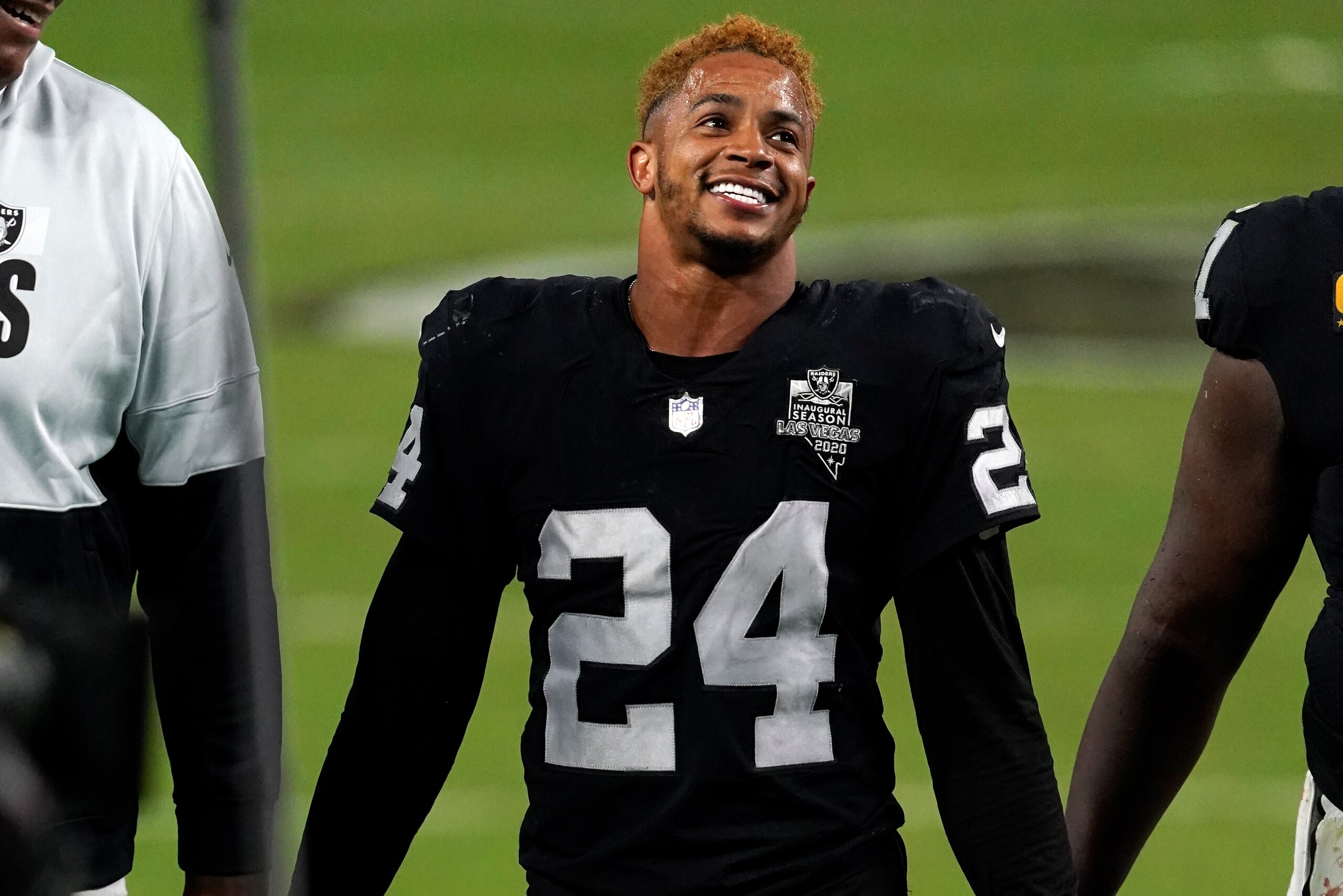 Las Vegas Raiders safety Johnathan Abram #24 walks off the field after the 34-24 Raiders win against the New Orleans Saints after an NFL football game, Monday, Sept. 21, 2020, in Las Vegas. (AP Photo/Jeff Bottari)
