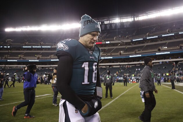 Philadelphia Eagles' Josh McCown walks off the field after an NFL wild-card playoff football game against the Seattle Seahawks, Sunday, Jan. 5, 2020, in Philadelphia. Seattle won 17-9. (AP Photo/Julio Cortez) Philadelphia Eagles' Josh McCown walks off the field after an NFL wild-card playoff football game against the Seattle Seahawks, Sunday, Jan. 5, 2020, in Philadelphia. Seattle won 17-9. (AP Photo/Julio Cortez)