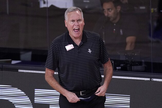 Houston Rockets head coach Mike D'Antoni yells at the officials during the second half of an NBA conference semifinal playoff basketball game against the Los Angeles Lakers Thursday, Sept. 10, 2020, in Lake Buena Vista, Fla. (AP Photo/Mark J. Terrill)