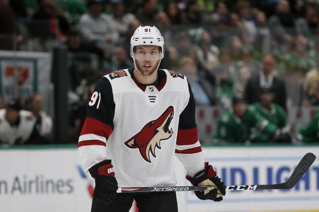 Arizona Coyotes left wing Taylor Hall (91) plays against the Dallas Stars during the second period of an NHL hockey game in Dallas, Wednesday, Feb. 19, 2019. (AP Photo/Michael Ainsworth) Arizona Coyotes left wing Taylor Hall (91) plays against the Dallas Stars during the second period of an NHL hockey game in Dallas, Wednesday, Feb. 19, 2019. (AP Photo/Michael Ainsworth)