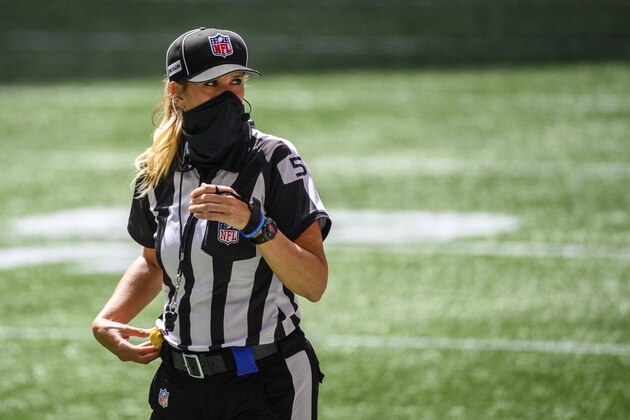 Line judge Sarah Thomas (53) works during the first half of an NFL football game between the Atlanta Falcons and the Seattle Seahawks, Sunday, Sept. 13, 2020, in Atlanta. The Seattle Seahawks won 38-25. (AP Photo/Danny Karnik)